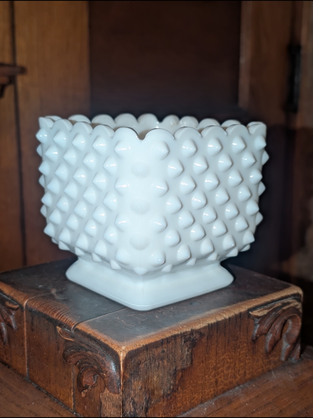 RARE - Vintage FENTON Hobnail Milk Glass Square Footed Candy Dish - Candy Dish